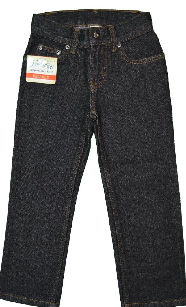 Faded Glory kids' dark wash relaxed fit jeans with adjustable waist tag, laid flat on white background